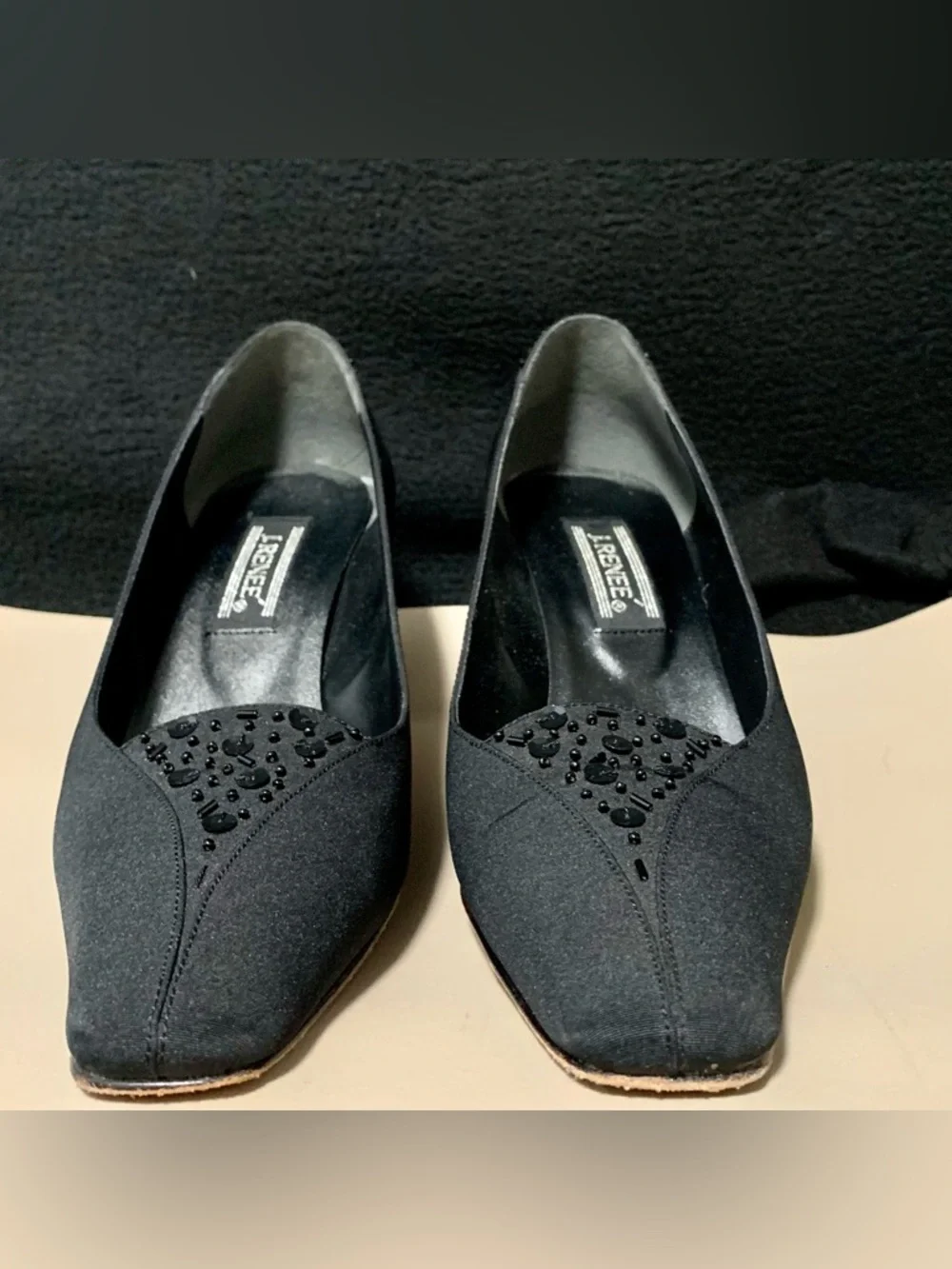 J. Renee Vintage Black Beaded Evening Pumps Heels 9.5M Leather Sole Original Box